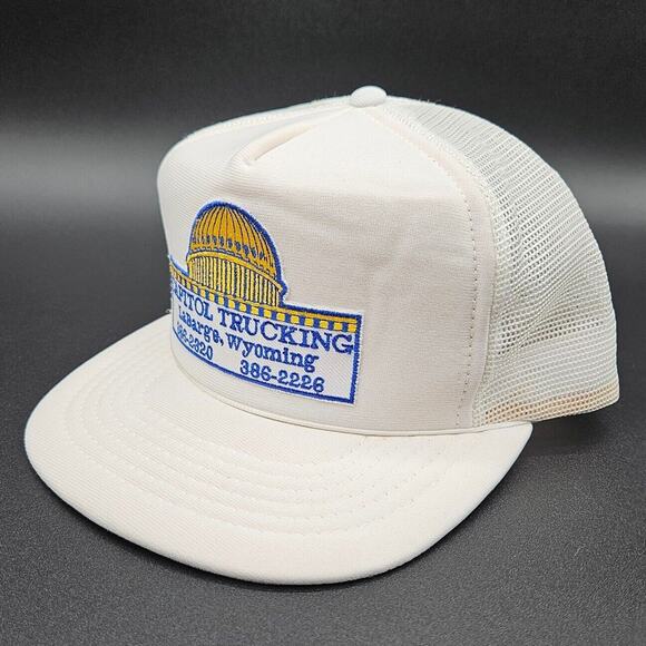 Vintage Capitol Trucking Patch Mesh Snapback Trucker Hat Ball Cap‎ White Wyoming - Picture 1 of 7